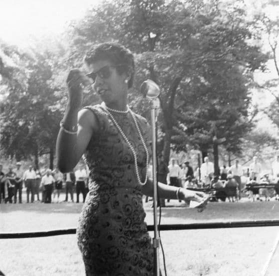 Lorraine Hansberry speaking at “Village Rallies for NAACP,” in Washington Square Park